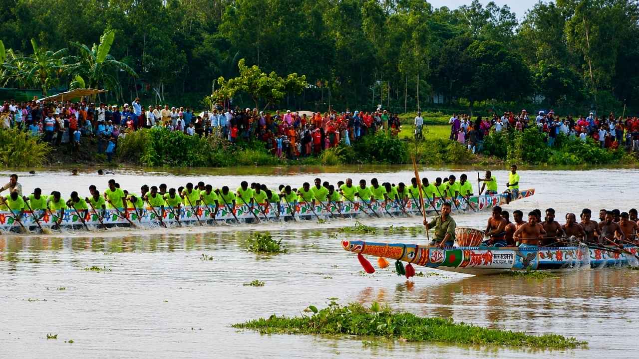 বৈঠার তালে মুখর দশআনী নদী, সাজিমারায় ঐতিহ্যবাহী নৌকা বাইচের উদ্বোধন