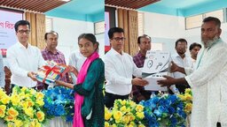 পিরোজপুরে শিশুদের মাঝে শিক্ষা উপকরণ ও জনপ্রতিনিধিদের মাঝে মেগাফোন বিতরণ