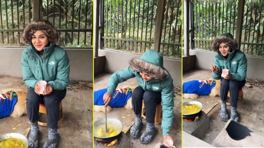 কনকনে শীতে মাটির চুলায় জয়া আহসান